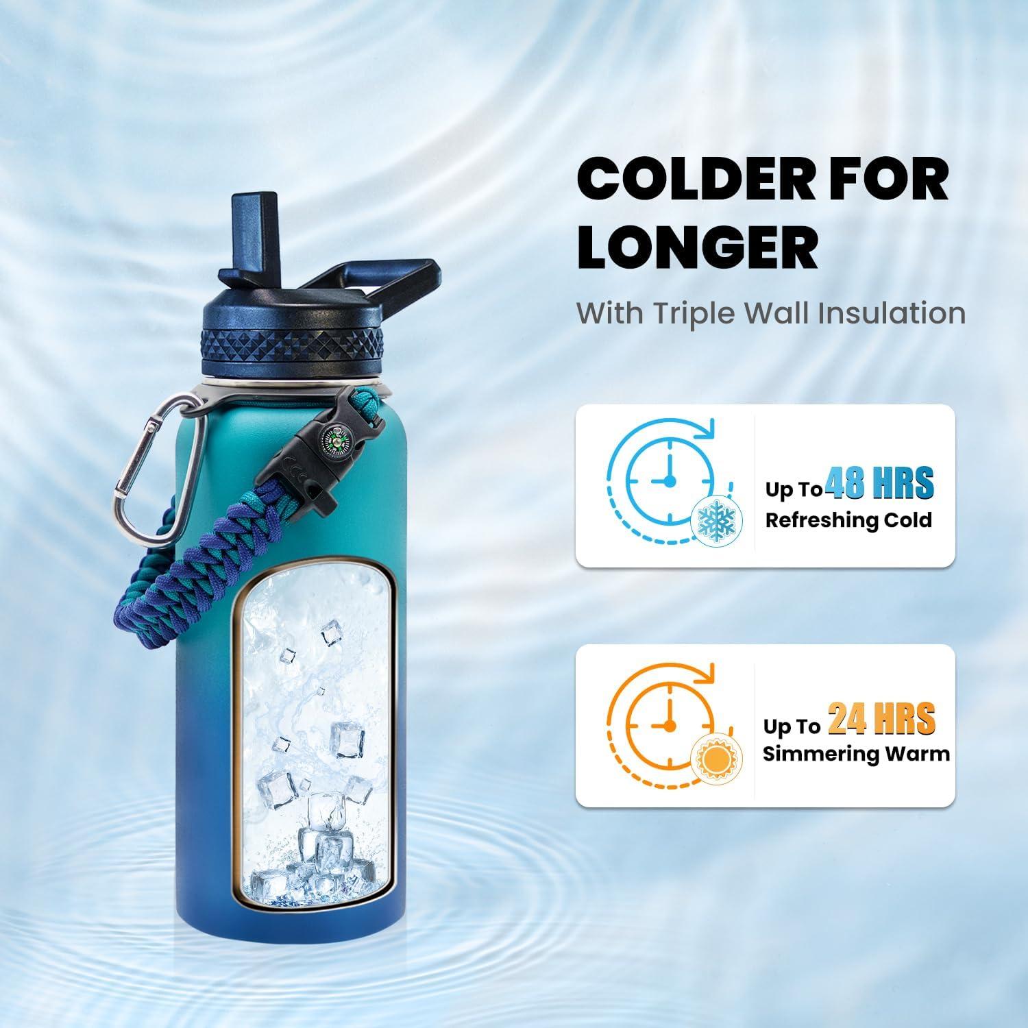 imageInsulated Water Bottle 64 oz Triple Wall Vacuum Stainless Steel Cold for 48 Hrs Leak Proof ampamp NonBPA Half Gallon Water Flask Jug with Paracord Handle ampamp Straw Spout LidsCyan Blue