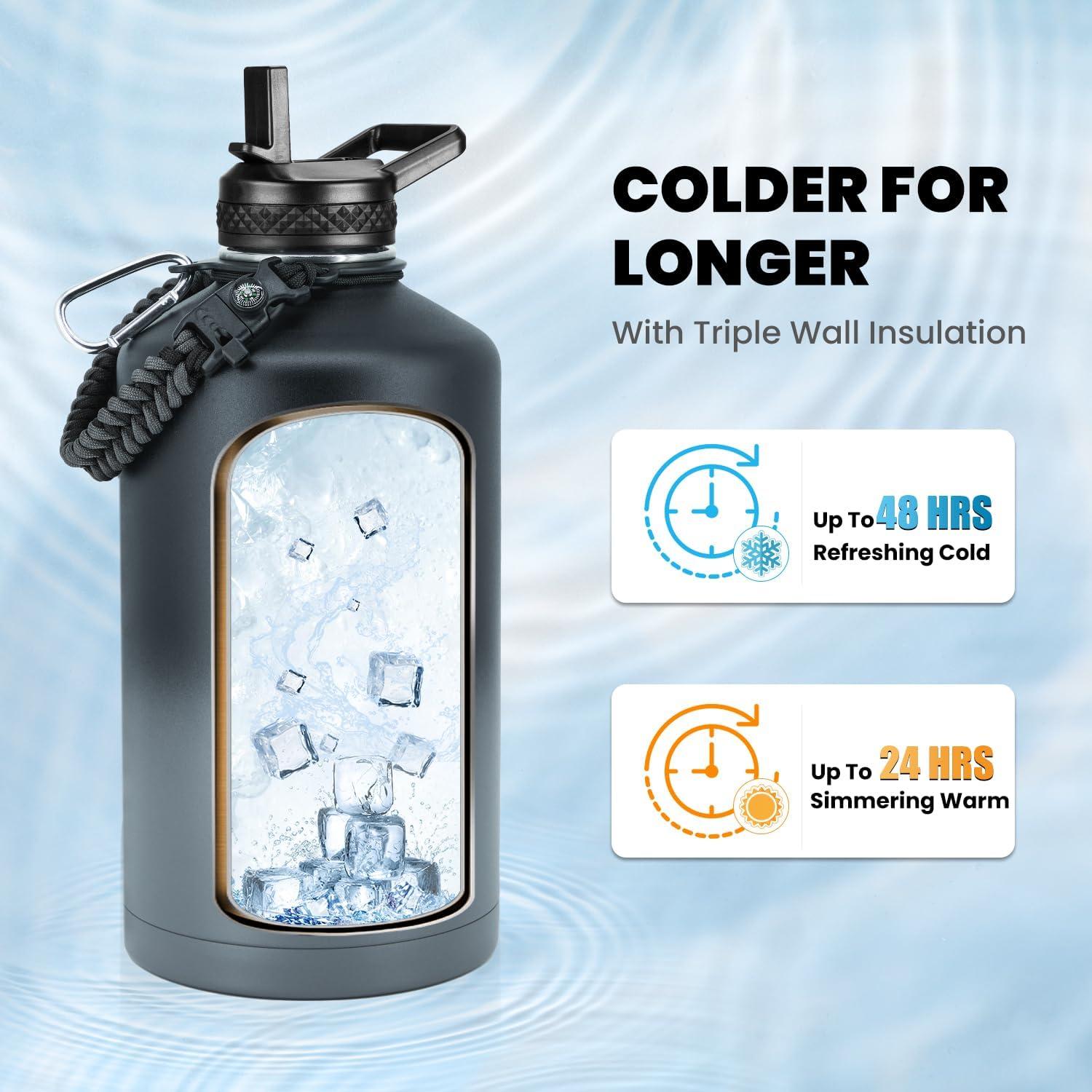 imageInsulated Water Bottle 64 oz Triple Wall Vacuum Stainless Steel Cold for 48 Hrs Leak Proof ampamp NonBPA Half Gallon Water Flask Jug with Paracord Handle ampamp Straw Spout LidsDark Gray