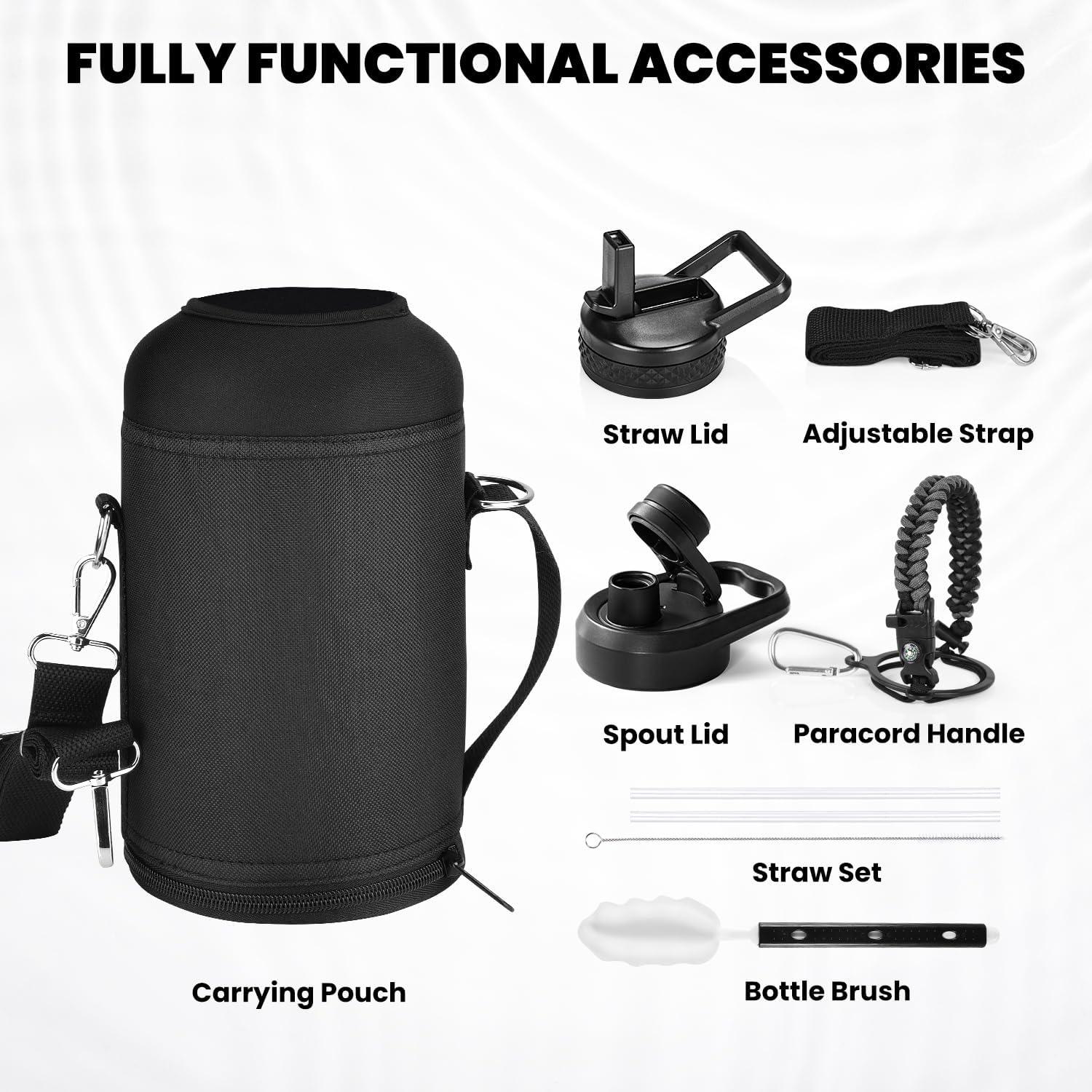 imageInsulated Water Bottle 64 oz Triple Wall Vacuum Stainless Steel Cold for 48 Hrs Leak Proof ampamp NonBPA Half Gallon Water Flask Jug with Paracord Handle ampamp Straw Spout LidsDark Gray