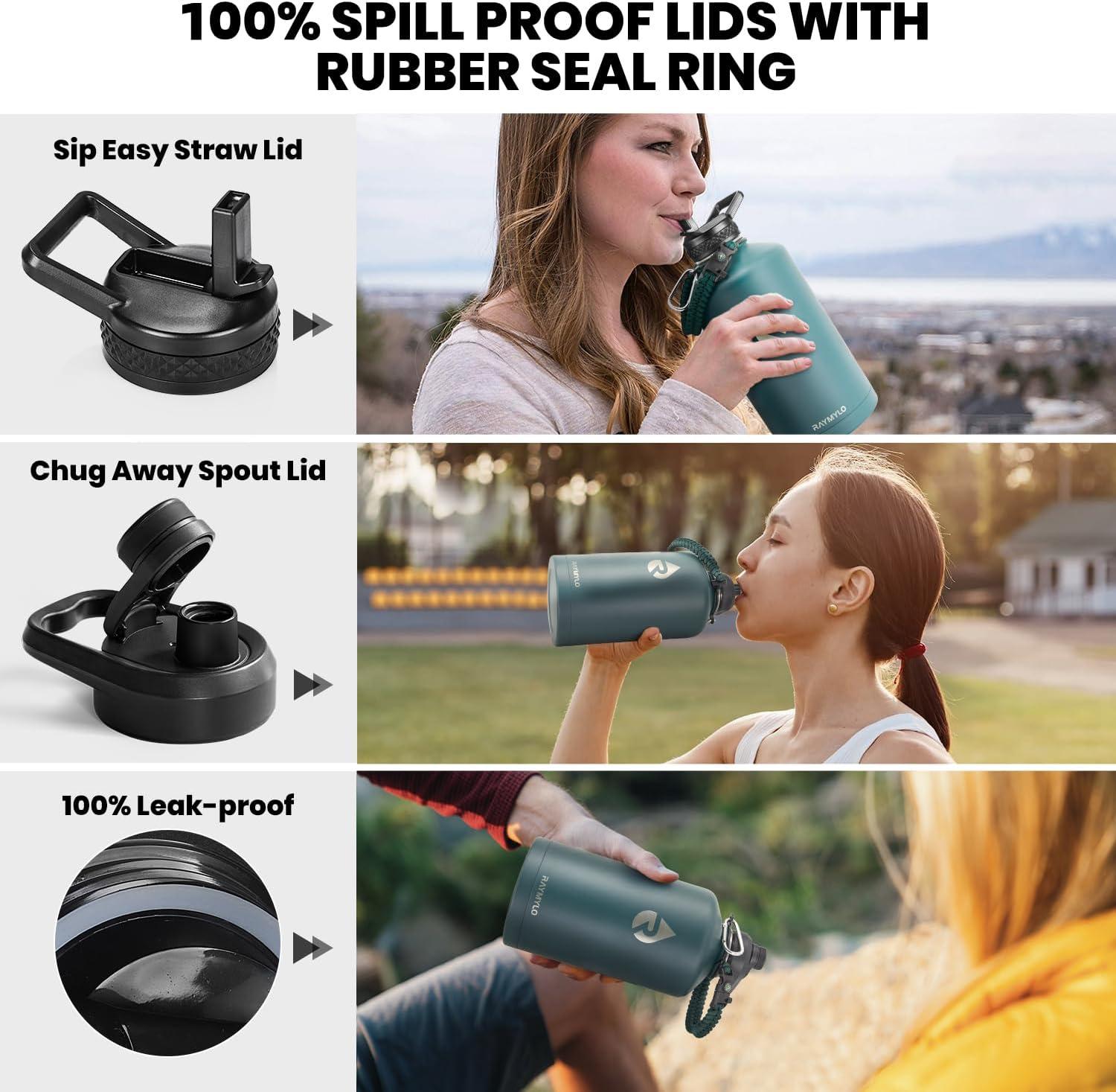 imageInsulated Water Bottle 64 oz Triple Wall Vacuum Stainless Steel Cold for 48 Hrs Leak Proof ampamp NonBPA Half Gallon Water Flask Jug with Paracord Handle ampamp Straw Spout LidsDark Green