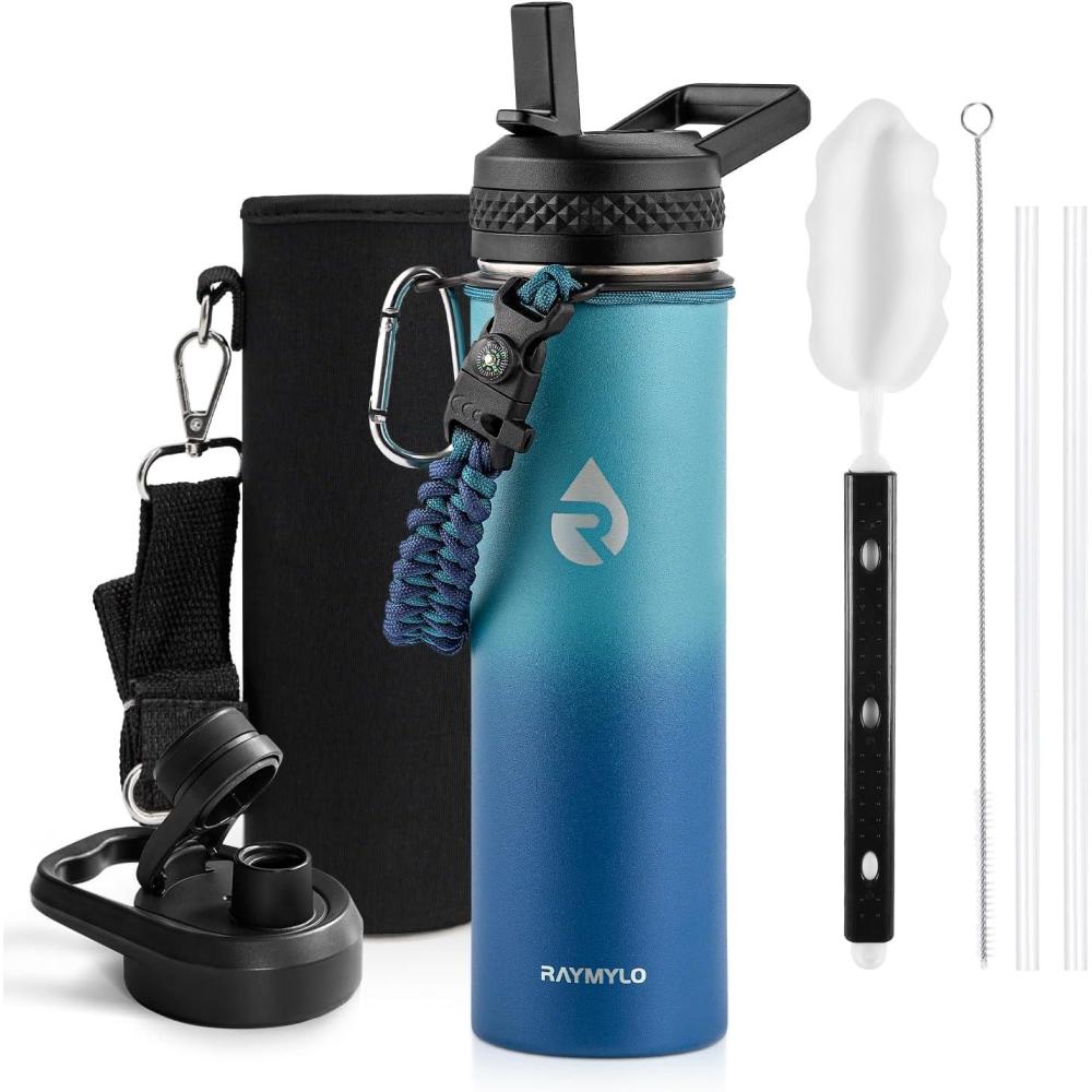imageInsulated Water Bottle 64 oz Triple Wall Vacuum Stainless Steel Cold for 48 Hrs Leak Proof ampamp NonBPA Half Gallon Water Flask Jug with Paracord Handle ampamp Straw Spout LidsCyan Blue