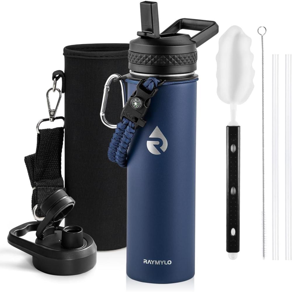 imageInsulated Water Bottle 64 oz Triple Wall Vacuum Stainless Steel Cold for 48 Hrs Leak Proof ampamp NonBPA Half Gallon Water Flask Jug with Paracord Handle ampamp Straw Spout LidsNavy Blue