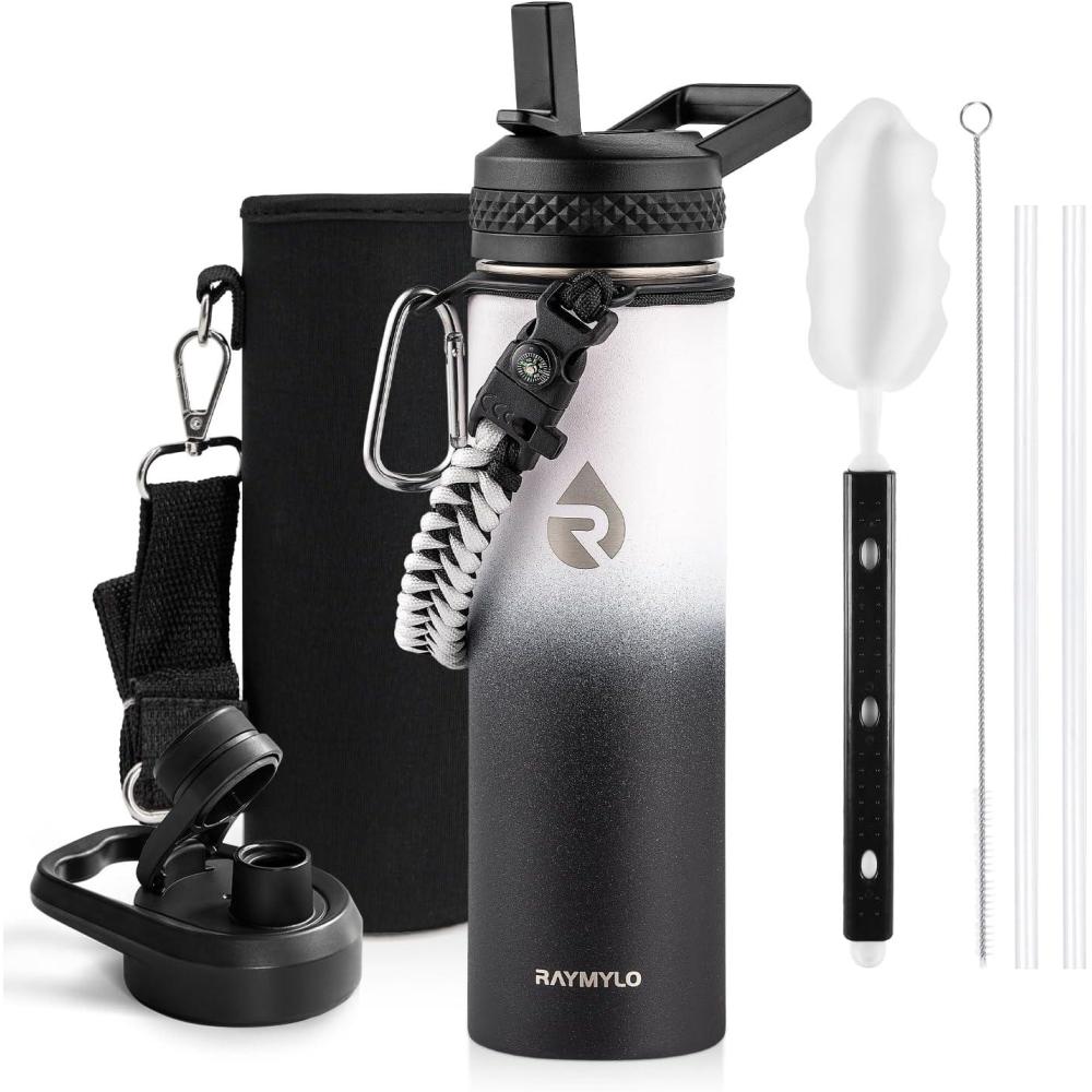 imageInsulated Water Bottle 64 oz Triple Wall Vacuum Stainless Steel Cold for 48 Hrs Leak Proof ampamp NonBPA Half Gallon Water Flask Jug with Paracord Handle ampamp Straw Spout LidsOmbre WhiteBlack