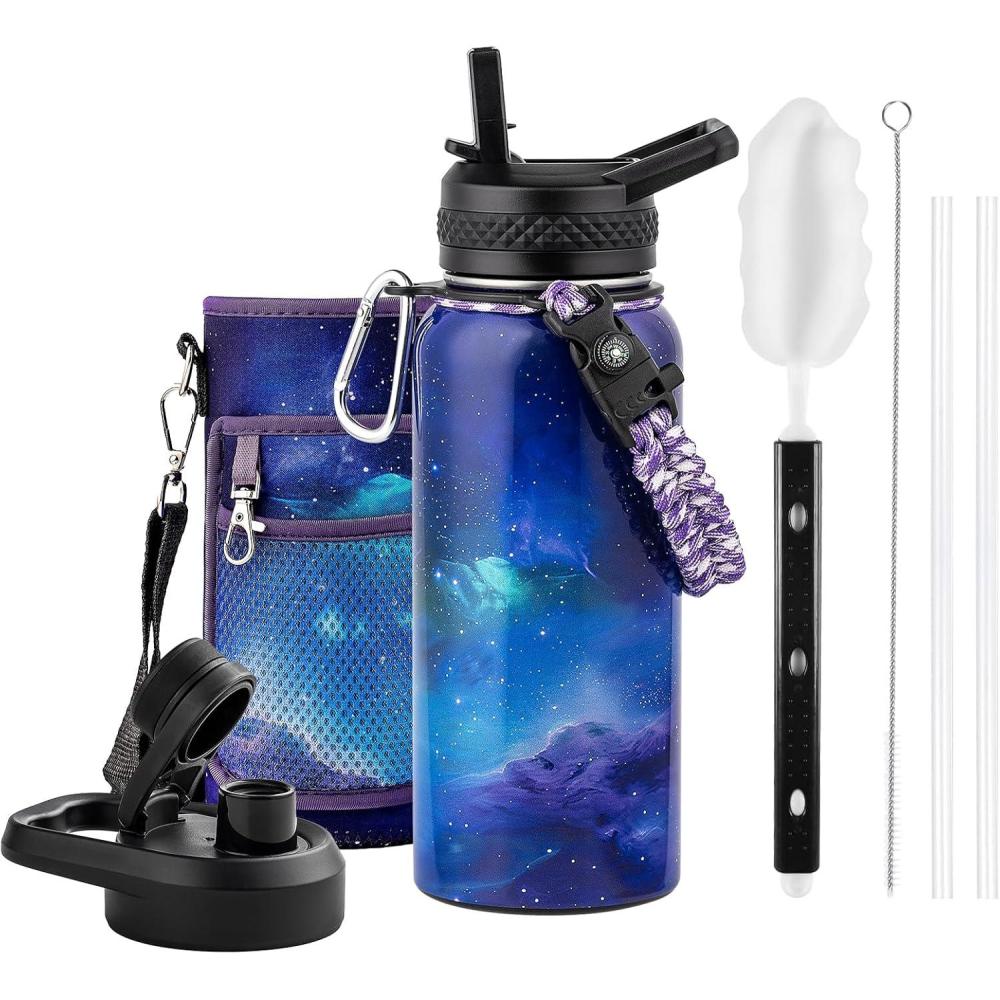 imageInsulated Water Bottle 64 oz Triple Wall Vacuum Stainless Steel Cold for 48 Hrs Leak Proof ampamp NonBPA Half Gallon Water Flask Jug with Paracord Handle ampamp Straw Spout LidsAuroraPurple