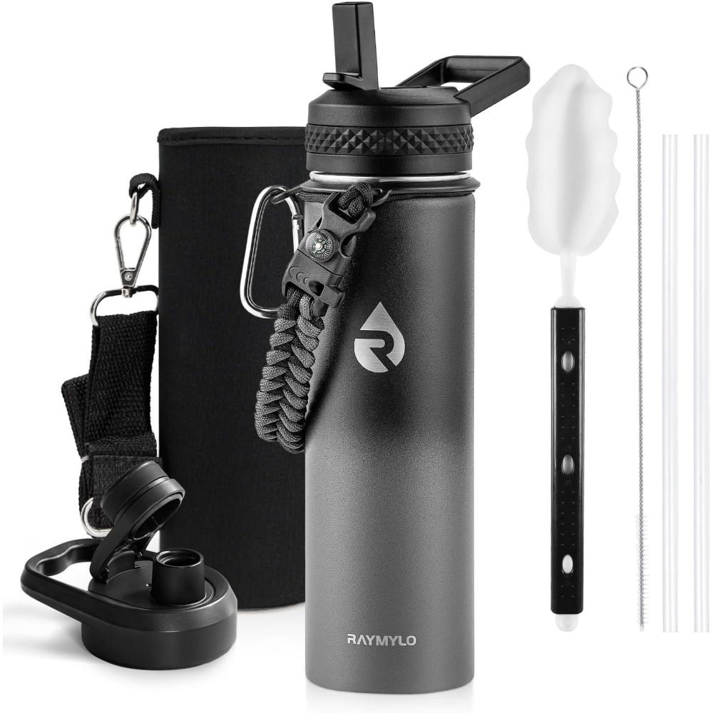 imageInsulated Water Bottle 64 oz Triple Wall Vacuum Stainless Steel Cold for 48 Hrs Leak Proof ampamp NonBPA Half Gallon Water Flask Jug with Paracord Handle ampamp Straw Spout LidsDark Gray