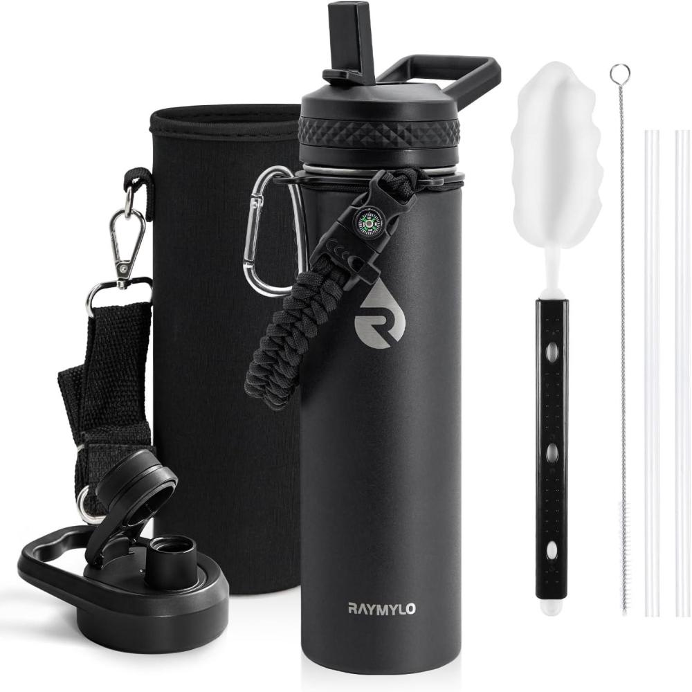 imageInsulated Water Bottle 64 oz Triple Wall Vacuum Stainless Steel Cold for 48 Hrs Leak Proof ampamp NonBPA Half Gallon Water Flask Jug with Paracord Handle ampamp Straw Spout LidsMagic Black