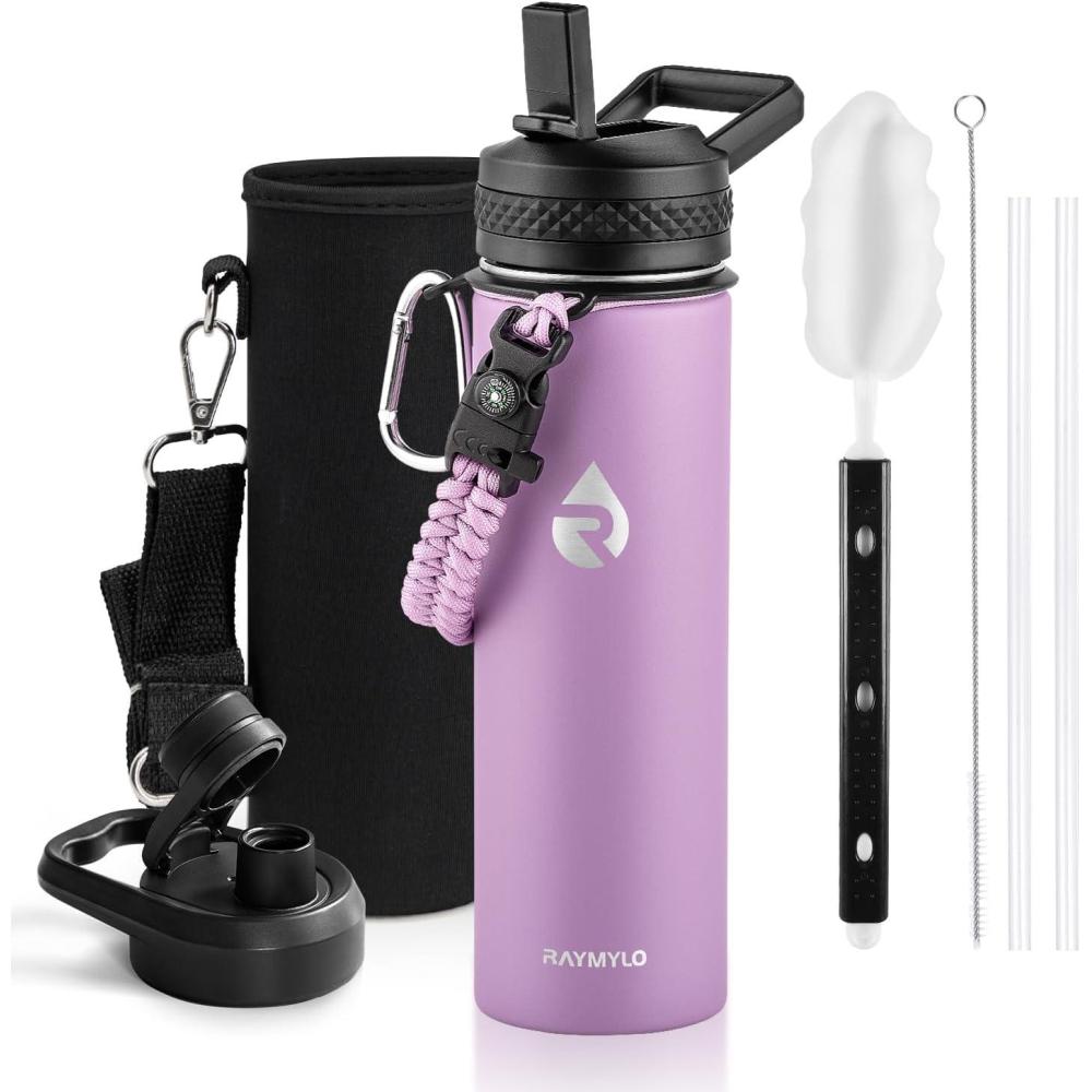 imageInsulated Water Bottle 64 oz Triple Wall Vacuum Stainless Steel Cold for 48 Hrs Leak Proof ampamp NonBPA Half Gallon Water Flask Jug with Paracord Handle ampamp Straw Spout LidsLilac