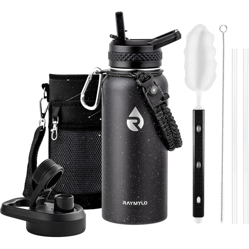 imageInsulated Water Bottle 64 oz Triple Wall Vacuum Stainless Steel Cold for 48 Hrs Leak Proof ampamp NonBPA Half Gallon Water Flask Jug with Paracord Handle ampamp Straw Spout LidsStarry SkyBlack