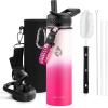 Insulated Water Bottle 64 oz, Triple Wall Vacuum Stainless Steel (Cold for 48 Hrs), Leak Proof & Non-BPA, Half Gallon Water Flask Jug with Paracord Handle & Straw Spout Lids(Ombre Pink)