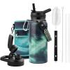 Insulated Water Bottle 64 oz, Triple Wall Vacuum Stainless Steel (Cold for 48 Hrs), Leak Proof & Non-BPA, Half Gallon Water Flask Jug with Paracord Handle & Straw Spout Lids(Aurora-Green)