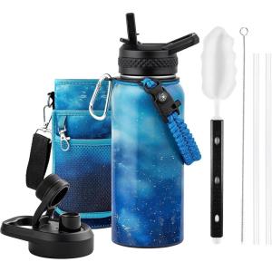 Insulated Water Bottle 64 oz, Triple Wall Vacuum Stainless Steel (Cold for 48 Hrs), Leak Proof & Non-BPA, Half Gallon Water Flask Jug with Paracord Handle & Straw Spout Lids(Aurora-Blue)