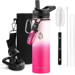 Insulated Water Bottle 64 oz, Triple Wall Vacuum Stainless Steel (Cold for 48 Hrs), Leak Proof & Non-BPA, Half Gallon Water Flask Jug with Paracord Handle & Straw Spout Lids(Ombre Pink)