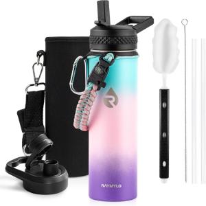 Insulated Water Bottle 64 oz, Triple Wall Vacuum Stainless Steel (Cold for 48 Hrs), Leak Proof & Non-BPA, Half Gallon Water Flask Jug with Paracord Handle & Straw Spout Lids(Hydrangea)