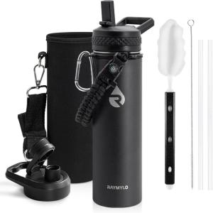 Insulated Water Bottle 64 oz, Triple Wall Vacuum Stainless Steel (Cold for 48 Hrs), Leak Proof & Non-BPA, Half Gallon Water Flask Jug with Paracord Handle & Straw Spout Lids(Magic Black)