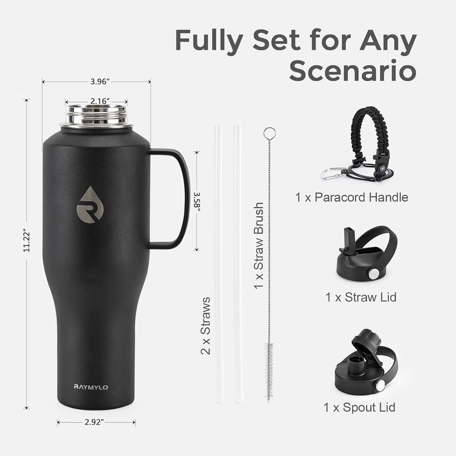 imageInsulated Water Bottle 40oz Cold for 48 Hrs Stainless Steel Water Bottle with Handle ampamp Straw Lid ampamp Paracord Handle Triple Wall Vacuum Leakproof Travel Flask Fit in Any Car Cup HolderMagic Black