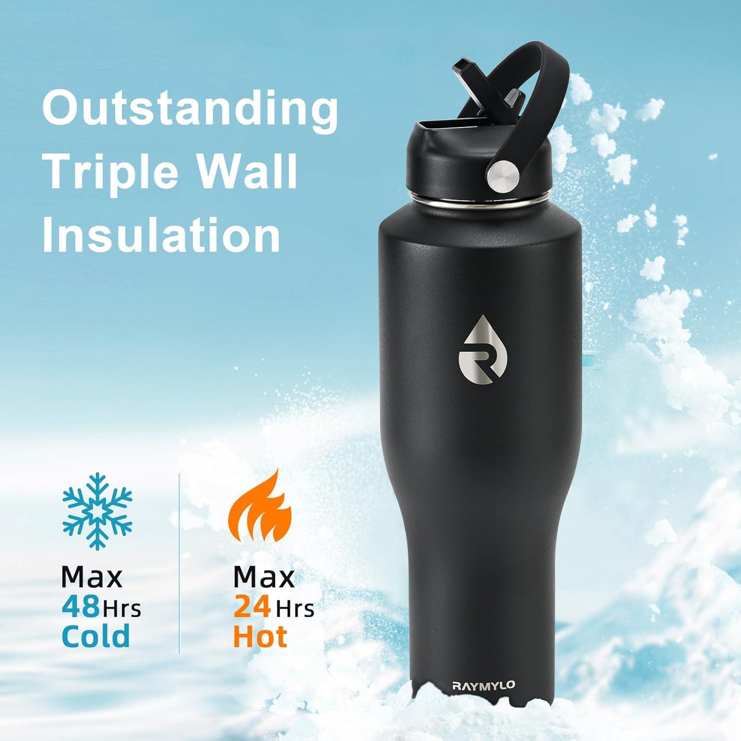 imageInsulated Water Bottle 40oz Cold for 48 Hrs Stainless Steel Water Bottle with Handle ampamp Straw Lid ampamp Paracord Handle Triple Wall Vacuum Leakproof Travel Flask Fit in Any Car Cup HolderPure Black