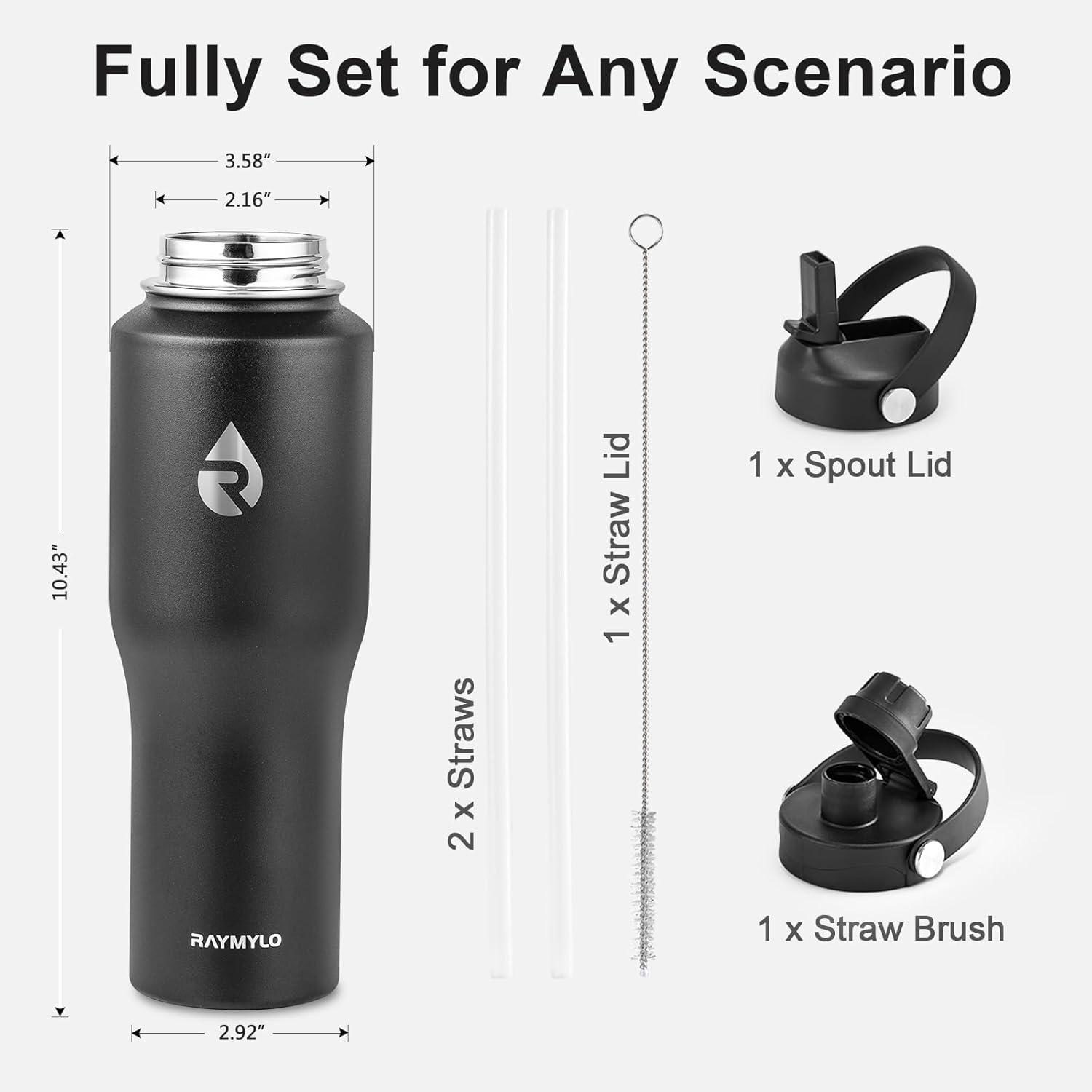 imageInsulated Water Bottle 40oz Cold for 48 Hrs Stainless Steel Water Bottle with Handle ampamp Straw Lid ampamp Paracord Handle Triple Wall Vacuum Leakproof Travel Flask Fit in Any Car Cup HolderPure Black