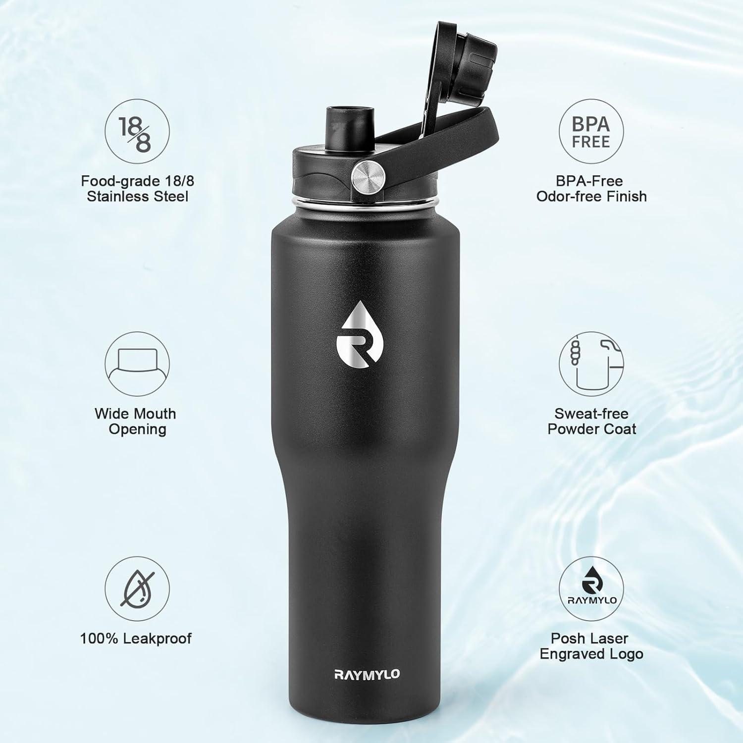 imageInsulated Water Bottle 40oz Cold for 48 Hrs Stainless Steel Water Bottle with Handle ampamp Straw Lid ampamp Paracord Handle Triple Wall Vacuum Leakproof Travel Flask Fit in Any Car Cup HolderPure Black