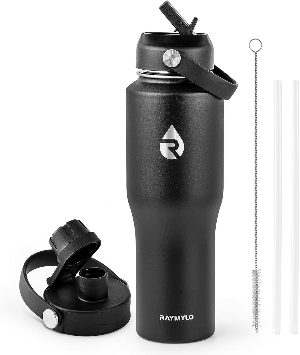 imageInsulated Water Bottle 40oz Cold for 48 Hrs Stainless Steel Water Bottle with Handle ampamp Straw Lid ampamp Paracord Handle Triple Wall Vacuum Leakproof Travel Flask Fit in Any Car Cup HolderPure Black