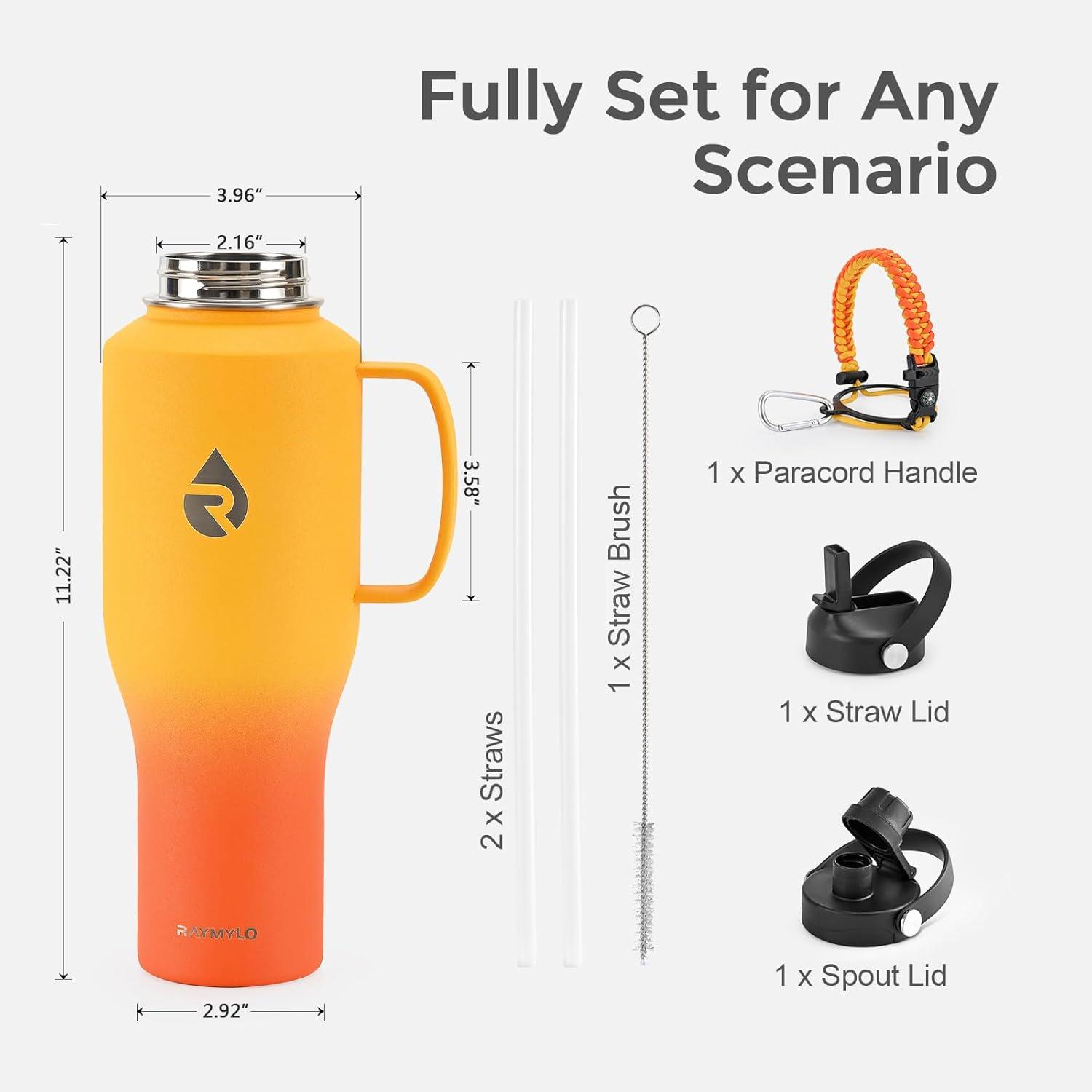 imageInsulated Water Bottle 40oz Cold for 48 Hrs Stainless Steel Water Bottle with Handle ampamp Straw Lid ampamp Paracord Handle Triple Wall Vacuum Leakproof Travel Flask Fit in Any Car Cup HolderOmbre Orange