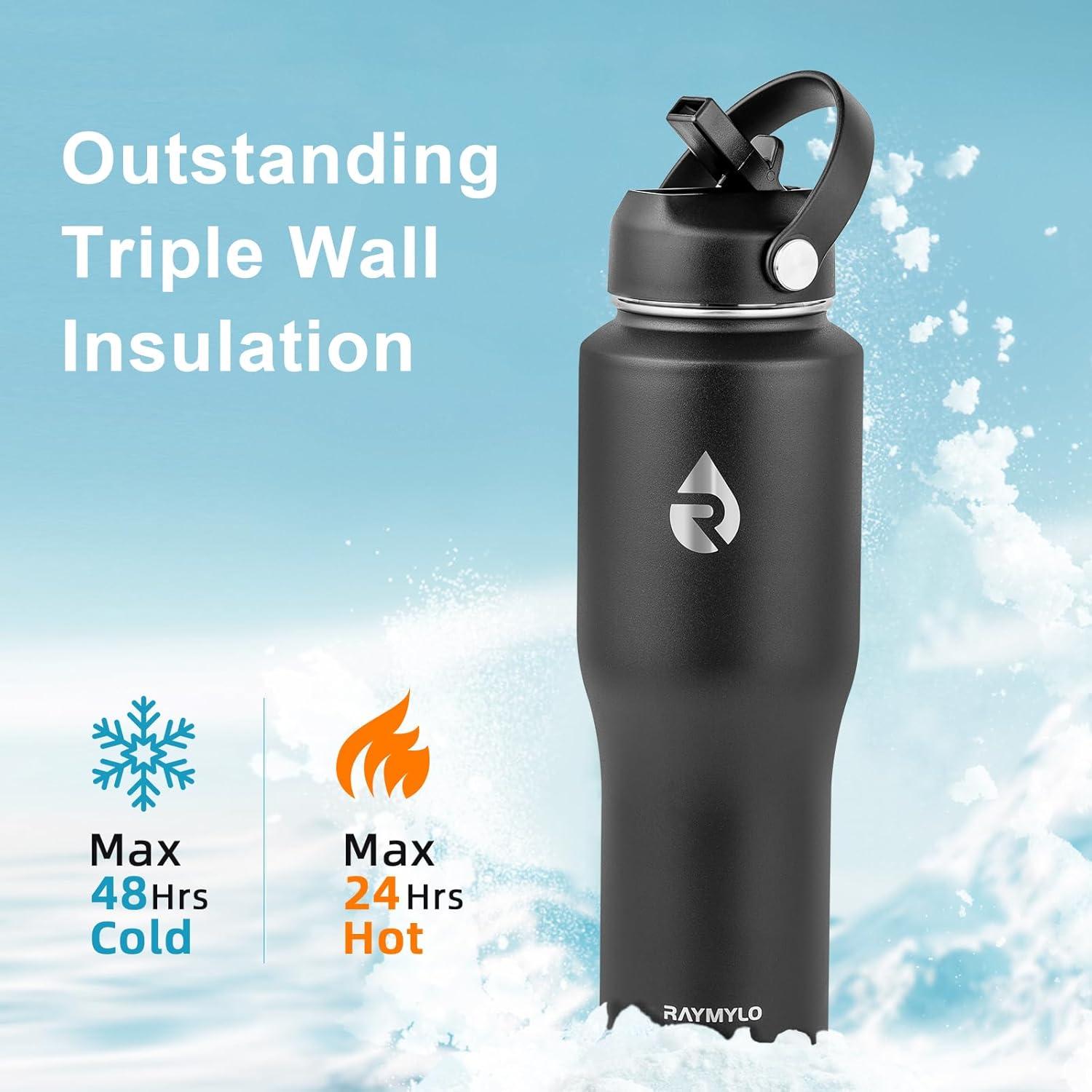 imageInsulated Water Bottle 40oz Cold for 48 Hrs Stainless Steel Water Bottle with Handle ampamp Straw Lid ampamp Paracord Handle Triple Wall Vacuum Leakproof Travel Flask Fit in Any Car Cup HolderPure Black