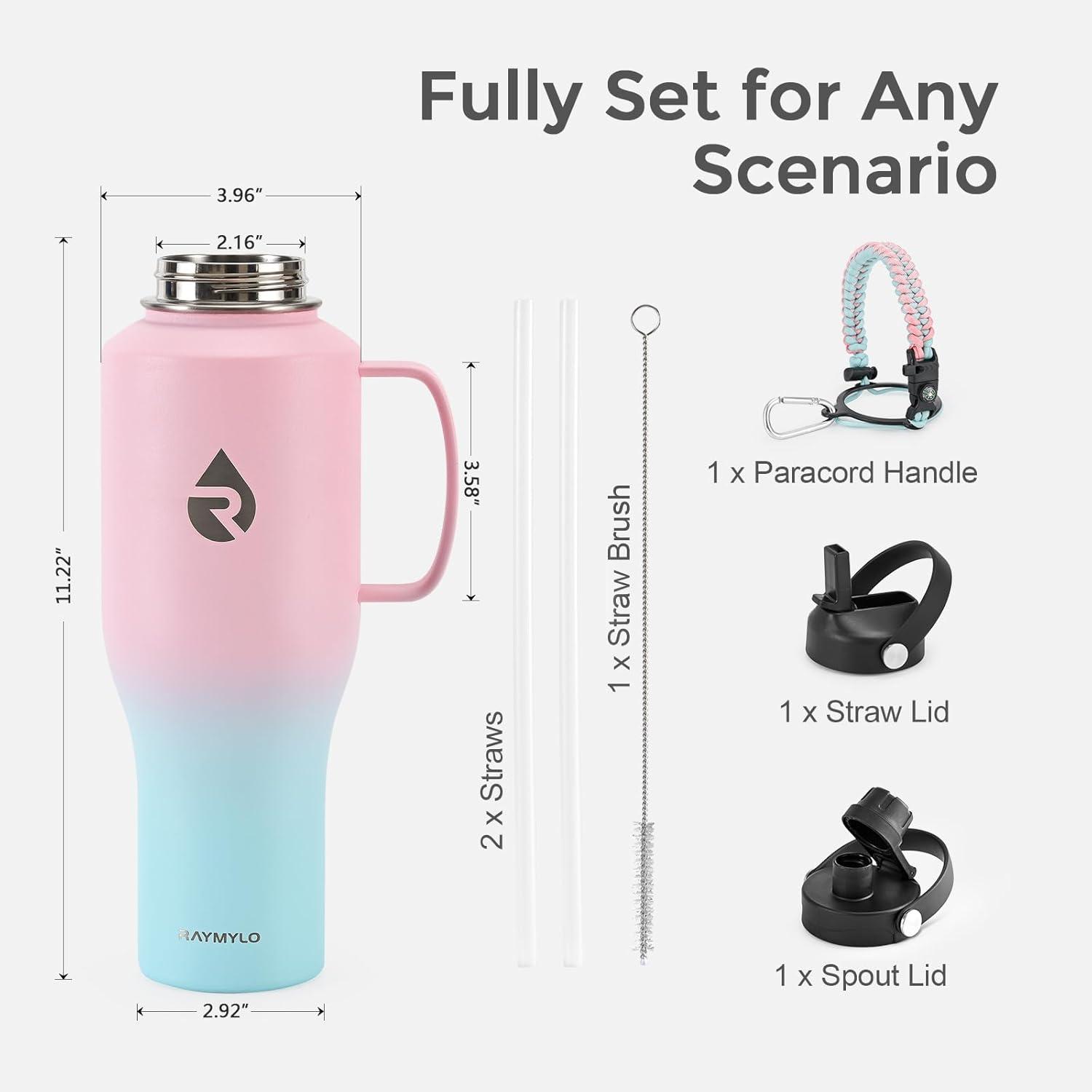 imageInsulated Water Bottle 40oz Cold for 48 Hrs Stainless Steel Water Bottle with Handle ampamp Straw Lid ampamp Paracord Handle Triple Wall Vacuum Leakproof Travel Flask Fit in Any Car Cup HolderPink Blue