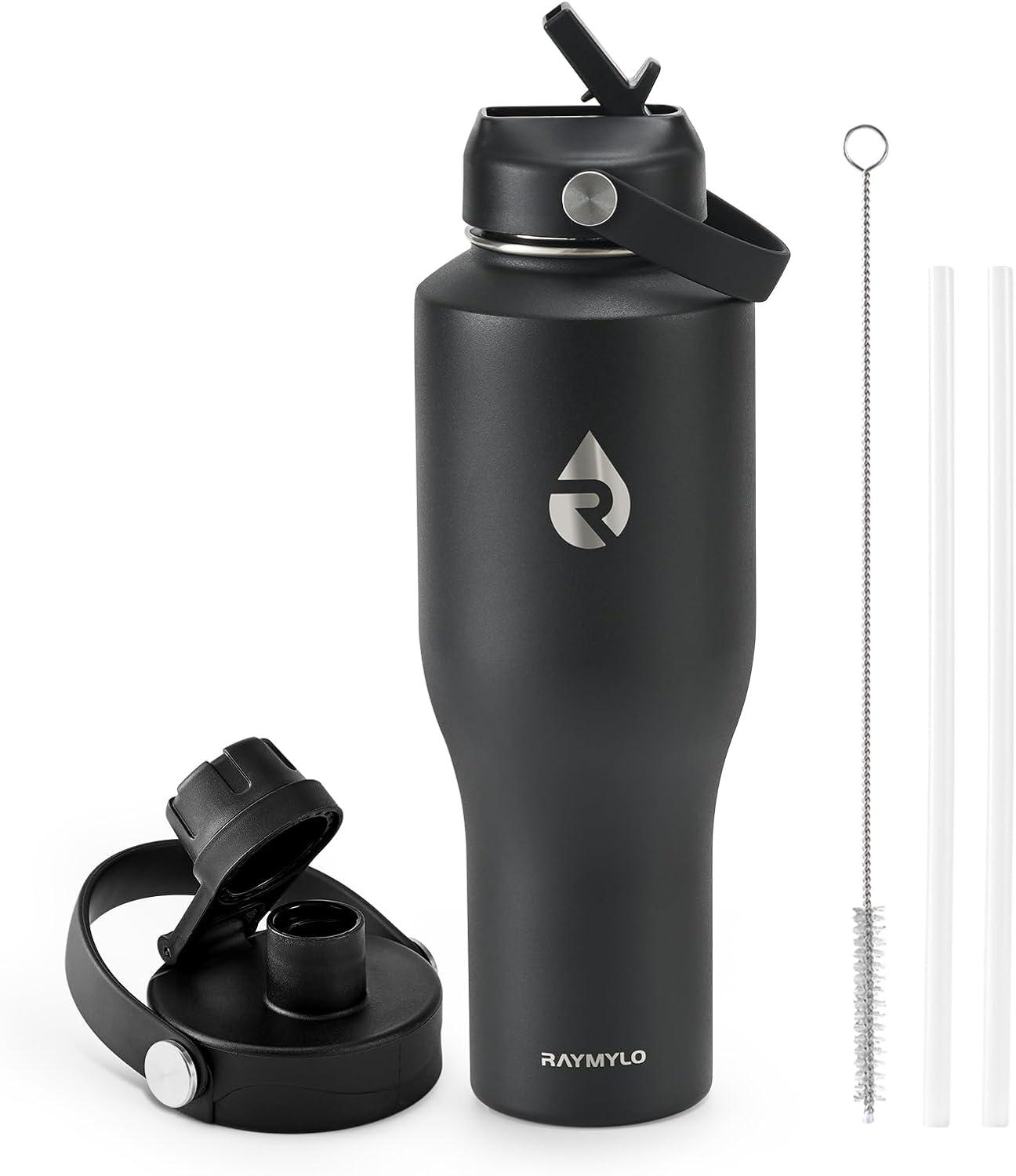 imageInsulated Water Bottle 40oz Cold for 48 Hrs Stainless Steel Water Bottle with Handle ampamp Straw Lid ampamp Paracord Handle Triple Wall Vacuum Leakproof Travel Flask Fit in Any Car Cup HolderPure Black
