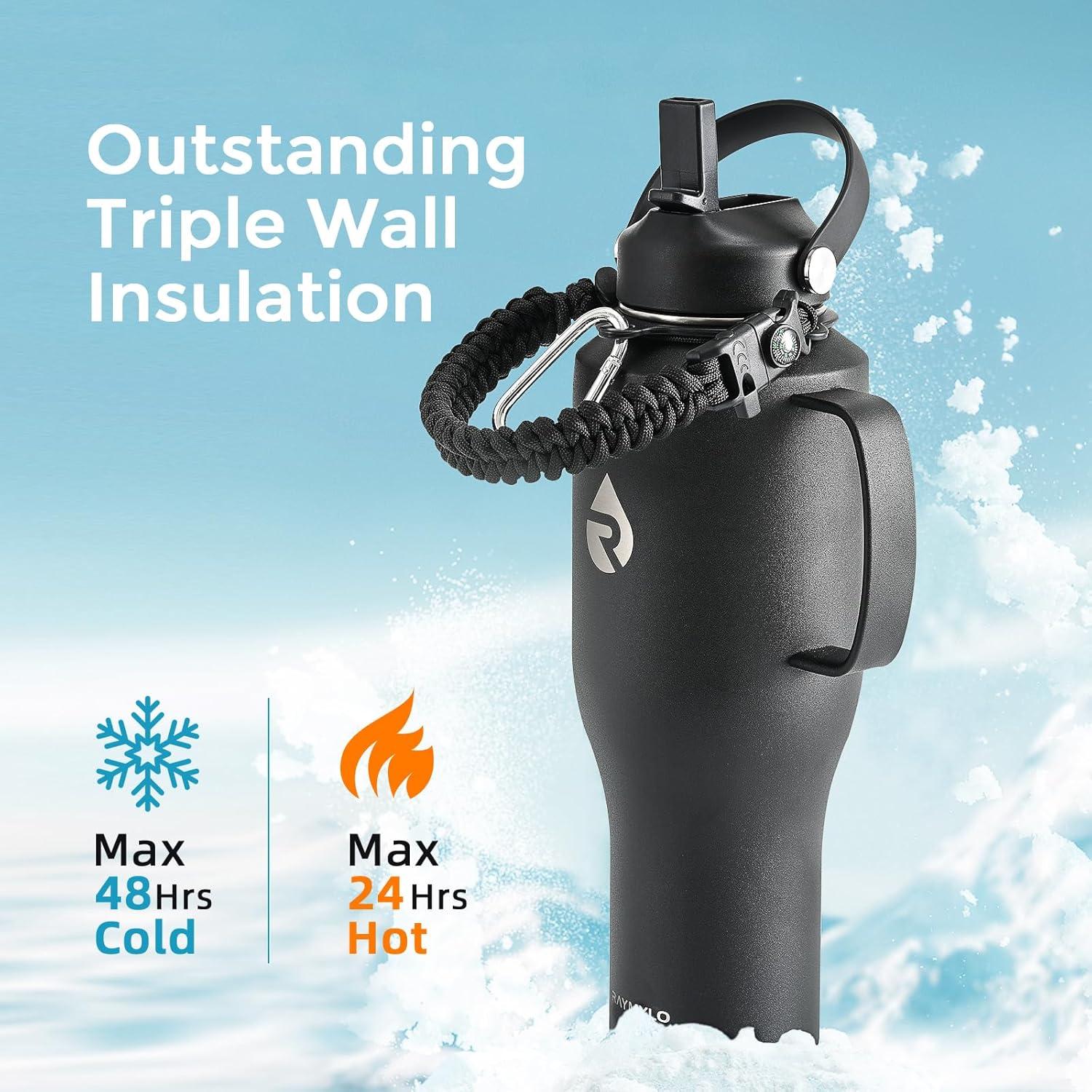 imageInsulated Water Bottle 40oz Cold for 48 Hrs Stainless Steel Water Bottle with Handle ampamp Straw Lid ampamp Paracord Handle Triple Wall Vacuum Leakproof Travel Flask Fit in Any Car Cup HolderMagic Black
