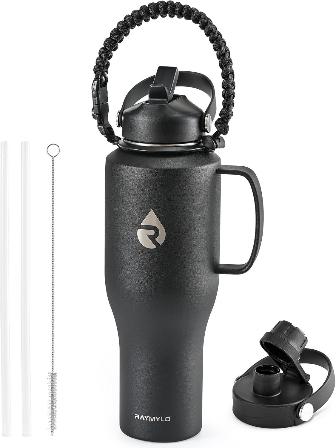 imageInsulated Water Bottle 40oz Cold for 48 Hrs Stainless Steel Water Bottle with Handle ampamp Straw Lid ampamp Paracord Handle Triple Wall Vacuum Leakproof Travel Flask Fit in Any Car Cup HolderMagic Black