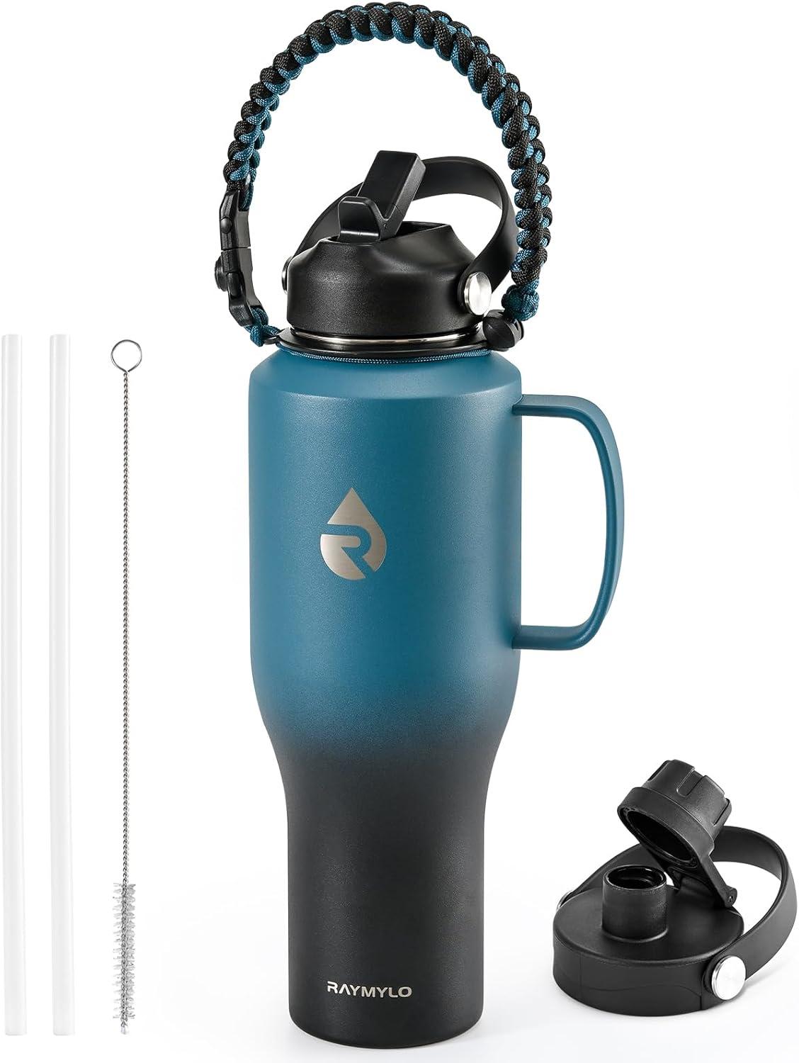 imageInsulated Water Bottle 40oz Cold for 48 Hrs Stainless Steel Water Bottle with Handle ampamp Straw Lid ampamp Paracord Handle Triple Wall Vacuum Leakproof Travel Flask Fit in Any Car Cup HolderOmbre IndigoBlack