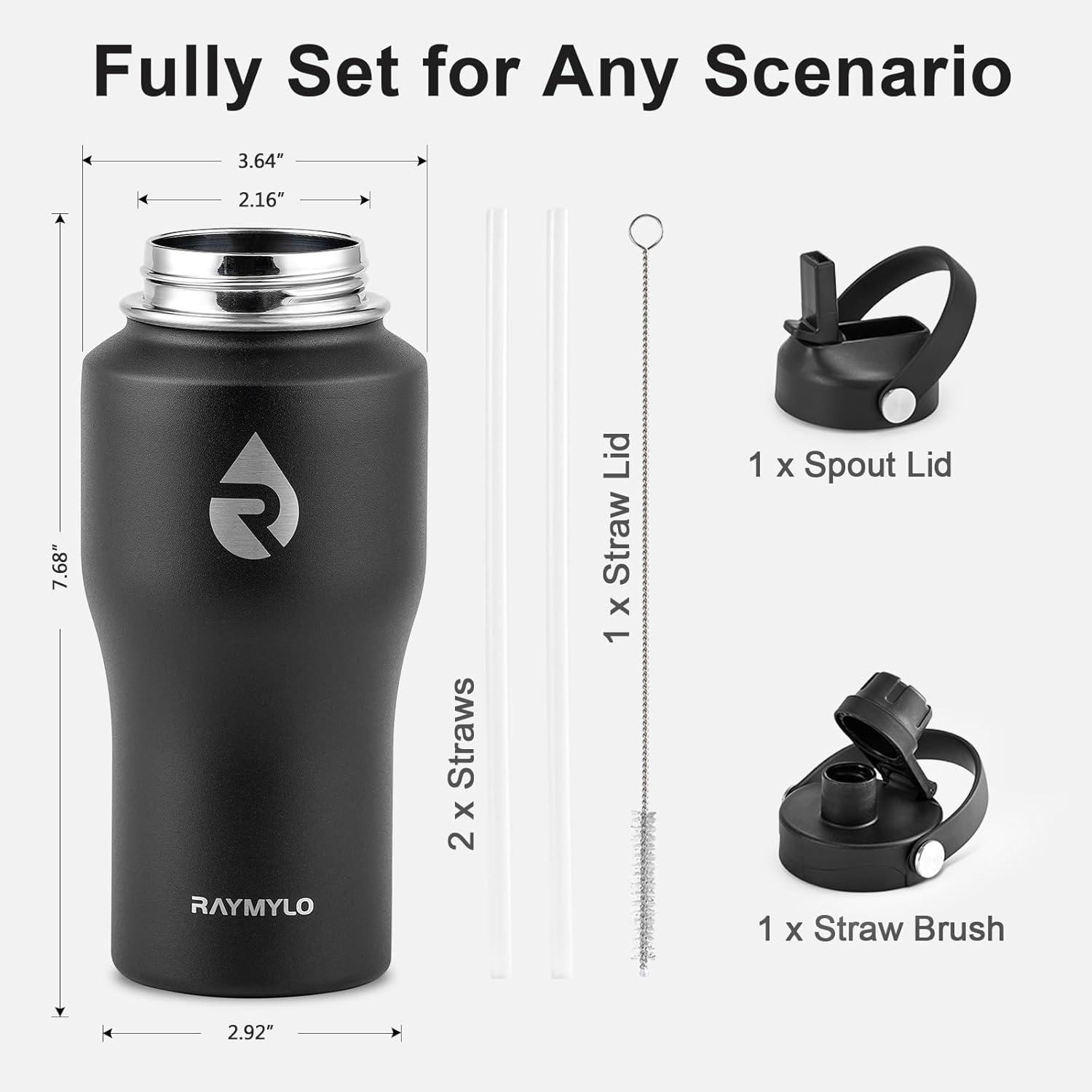 imageInsulated Water Bottle 40oz Cold for 48 Hrs Stainless Steel Water Bottle with Handle ampamp Straw Lid ampamp Paracord Handle Triple Wall Vacuum Leakproof Travel Flask Fit in Any Car Cup HolderPure Black