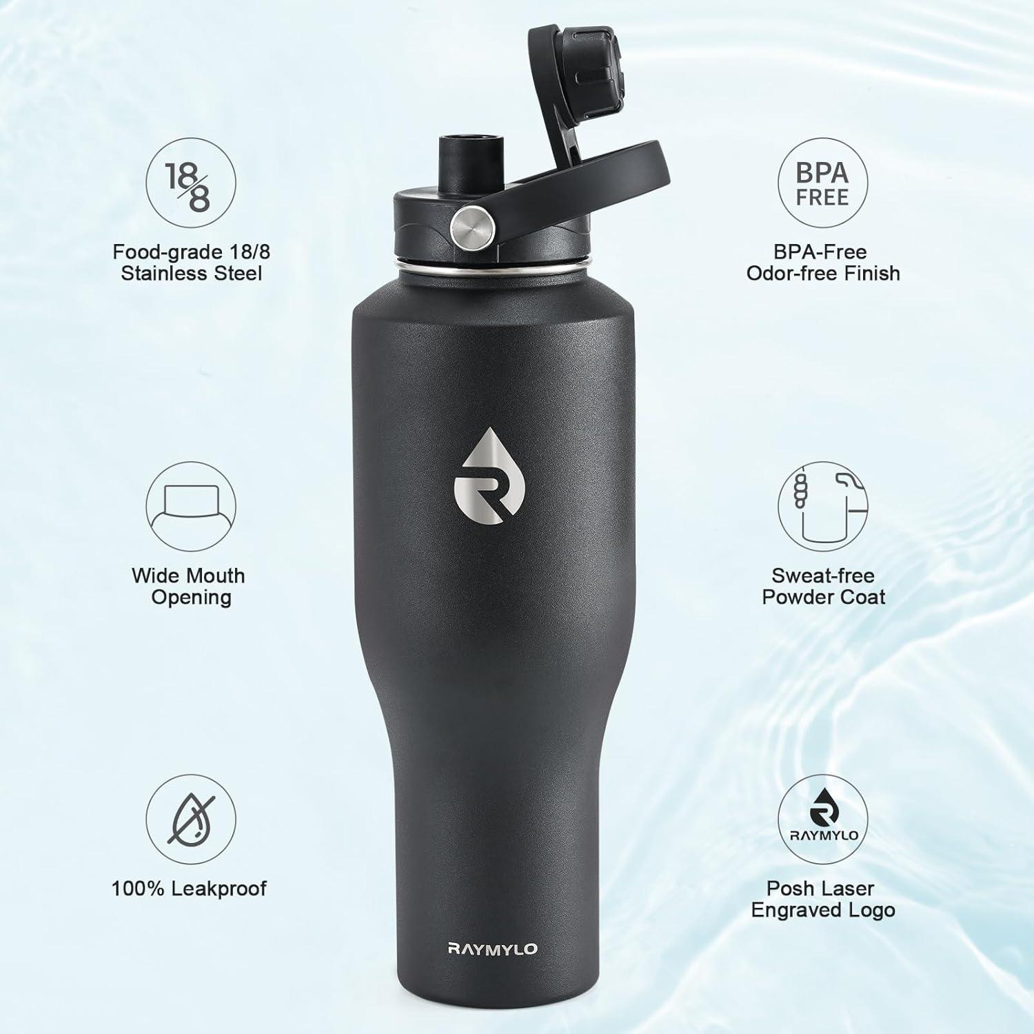 imageInsulated Water Bottle 40oz Cold for 48 Hrs Stainless Steel Water Bottle with Handle ampamp Straw Lid ampamp Paracord Handle Triple Wall Vacuum Leakproof Travel Flask Fit in Any Car Cup HolderPure Black