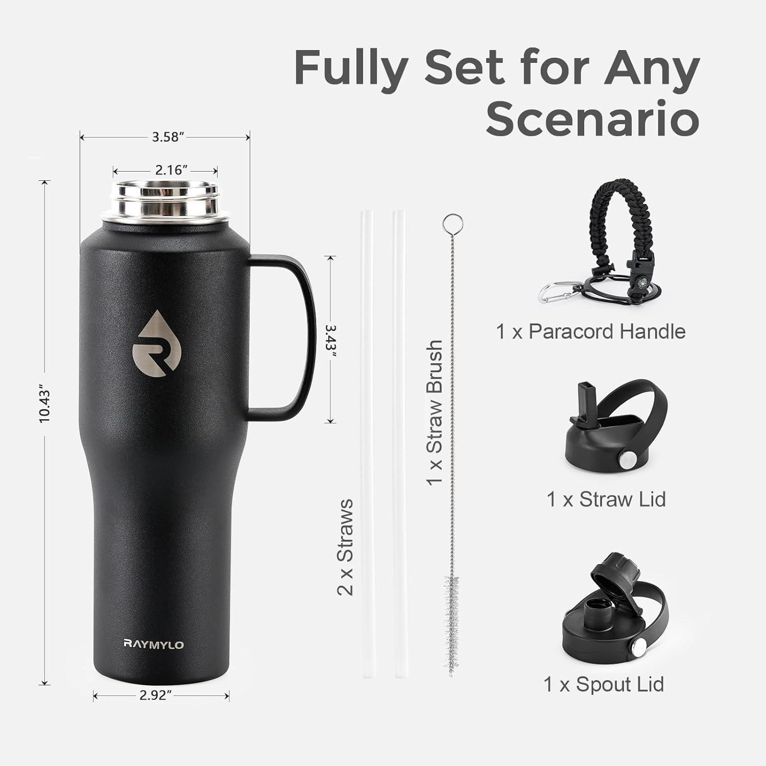 imageInsulated Water Bottle 40oz Cold for 48 Hrs Stainless Steel Water Bottle with Handle ampamp Straw Lid ampamp Paracord Handle Triple Wall Vacuum Leakproof Travel Flask Fit in Any Car Cup HolderMagic Black
