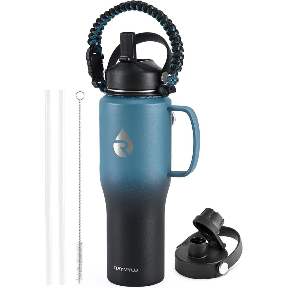 imageInsulated Water Bottle 40oz Cold for 48 Hrs Stainless Steel Water Bottle with Handle ampamp Straw Lid ampamp Paracord Handle Triple Wall Vacuum Leakproof Travel Flask Fit in Any Car Cup HolderOmbre IndigoBlack