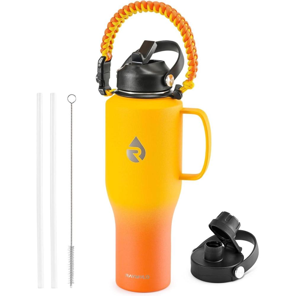 imageInsulated Water Bottle 40oz Cold for 48 Hrs Stainless Steel Water Bottle with Handle ampamp Straw Lid ampamp Paracord Handle Triple Wall Vacuum Leakproof Travel Flask Fit in Any Car Cup HolderOmbre Orange