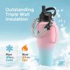 Insulated Water Bottle 40oz (Cold for 48 Hrs), Stainless Steel Water Bottle with Handle & Straw Lid & Paracord Handle, Triple Wall Vacuum Leakproof Travel Flask, Fit in Any Car Cup Holder(Pink Blue)