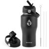 Insulated Water Bottle 40oz (Cold for 48 Hrs), Stainless Steel Water Bottle with Handle & Straw Lid & Paracord Handle, Triple Wall Vacuum Leakproof Travel Flask, Fit in Any Car Cup Holder(Pure Black)