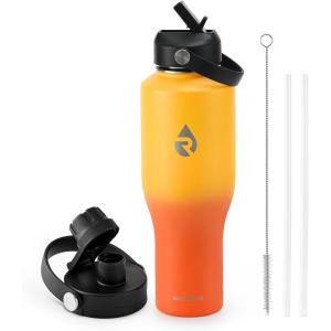 Insulated Water Bottle 40oz (Cold for 48 Hrs), Stainless Steel Water Bottle with Handle & Straw Lid & Paracord Handle, Triple Wall Vacuum Leakproof Travel Flask, Fit in Any Car Cup Holder(Orange Gradient)