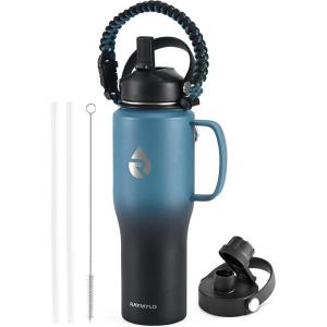 Insulated Water Bottle 40oz (Cold for 48 Hrs), Stainless Steel Water Bottle with Handle & Straw Lid & Paracord Handle, Triple Wall Vacuum Leakproof Travel Flask, Fit in Any Car Cup Holder(Ombre: Indigo/Black)