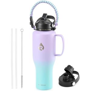 Insulated Water Bottle 40oz (Cold for 48 Hrs), Stainless Steel Water Bottle with Handle & Straw Lid & Paracord Handle, Triple Wall Vacuum Leakproof Travel Flask, Fit in Any Car Cup Holder(Purplish Green)