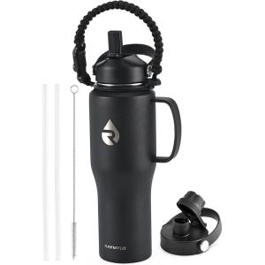 Insulated Water Bottle 40oz (Cold for 48 Hrs), Stainless Steel Water Bottle with Handle & Straw Lid & Paracord Handle, Triple Wall Vacuum Leakproof Travel Flask, Fit in Any Car Cup Holder(Magic Black)