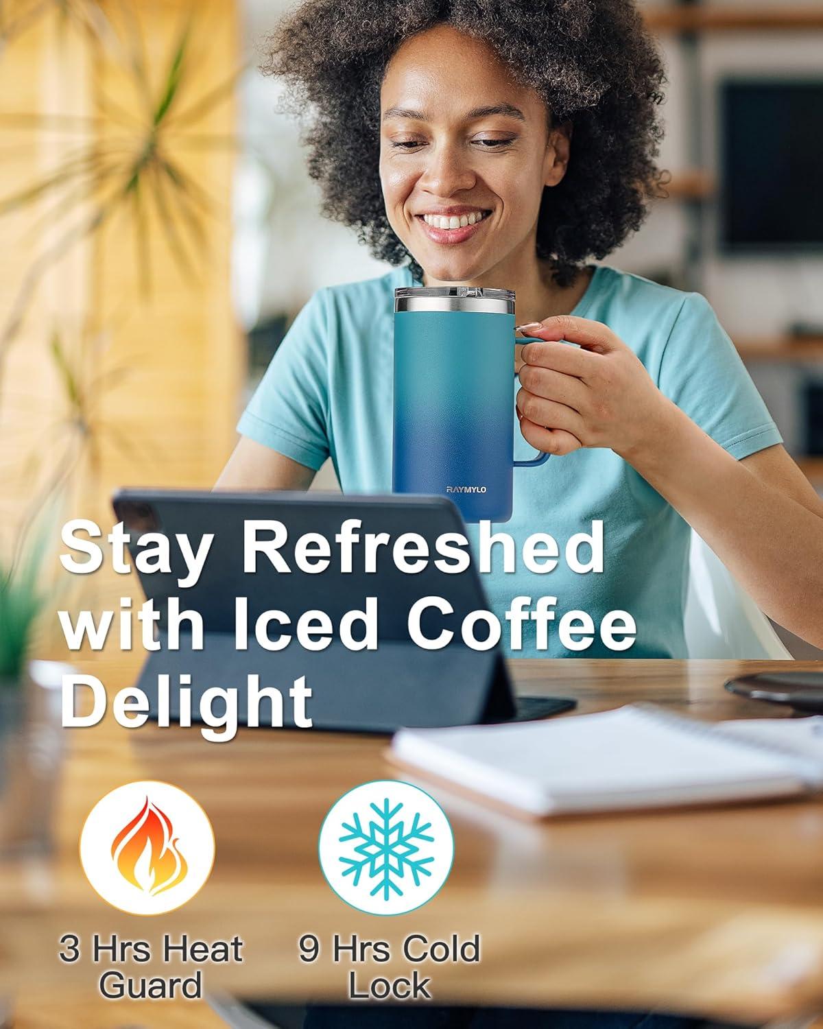 imageInsulated Coffee Mug 24 oz Double Wall Stainless Steel Coffee Mug with Lids LeakProof ampamp Detachable Slider Lid for Thorough Clean Keeps Coffee Cold for 9 Hrs Suitable for Camp Home OfficeCyan Blue
