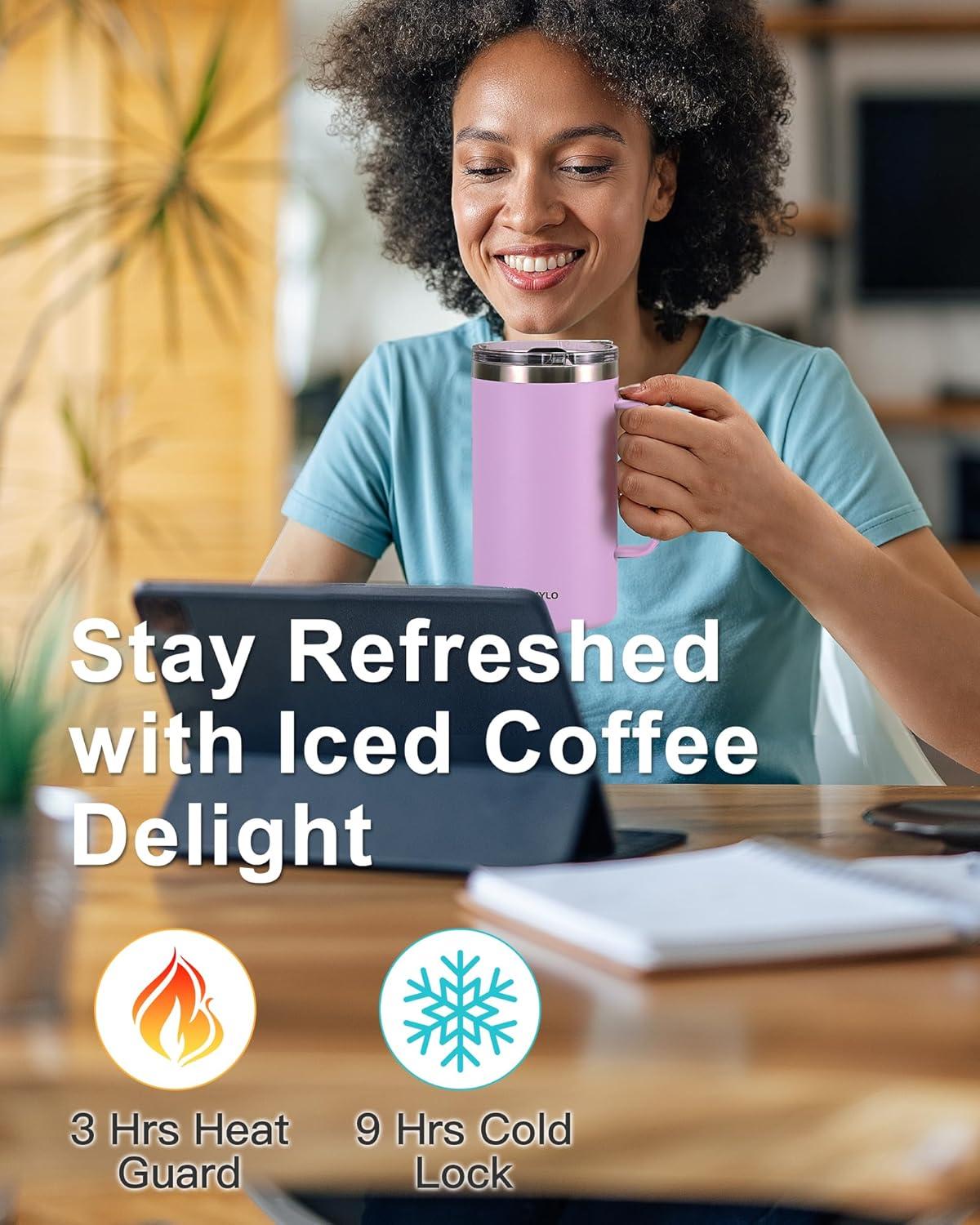 imageInsulated Coffee Mug 24 oz Double Wall Stainless Steel Coffee Mug with Lids LeakProof ampamp Detachable Slider Lid for Thorough Clean Keeps Coffee Cold for 9 Hrs Suitable for Camp Home OfficeLight Purple