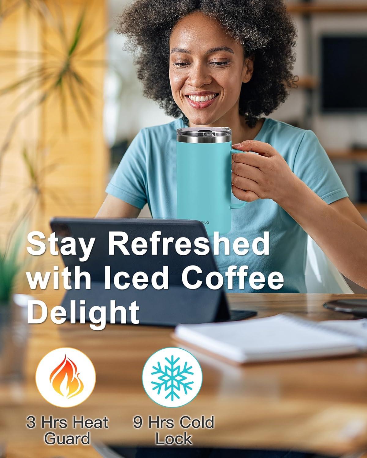 imageInsulated Coffee Mug 24 oz Double Wall Stainless Steel Coffee Mug with Lids LeakProof ampamp Detachable Slider Lid for Thorough Clean Keeps Coffee Cold for 9 Hrs Suitable for Camp Home OfficeSeafoam