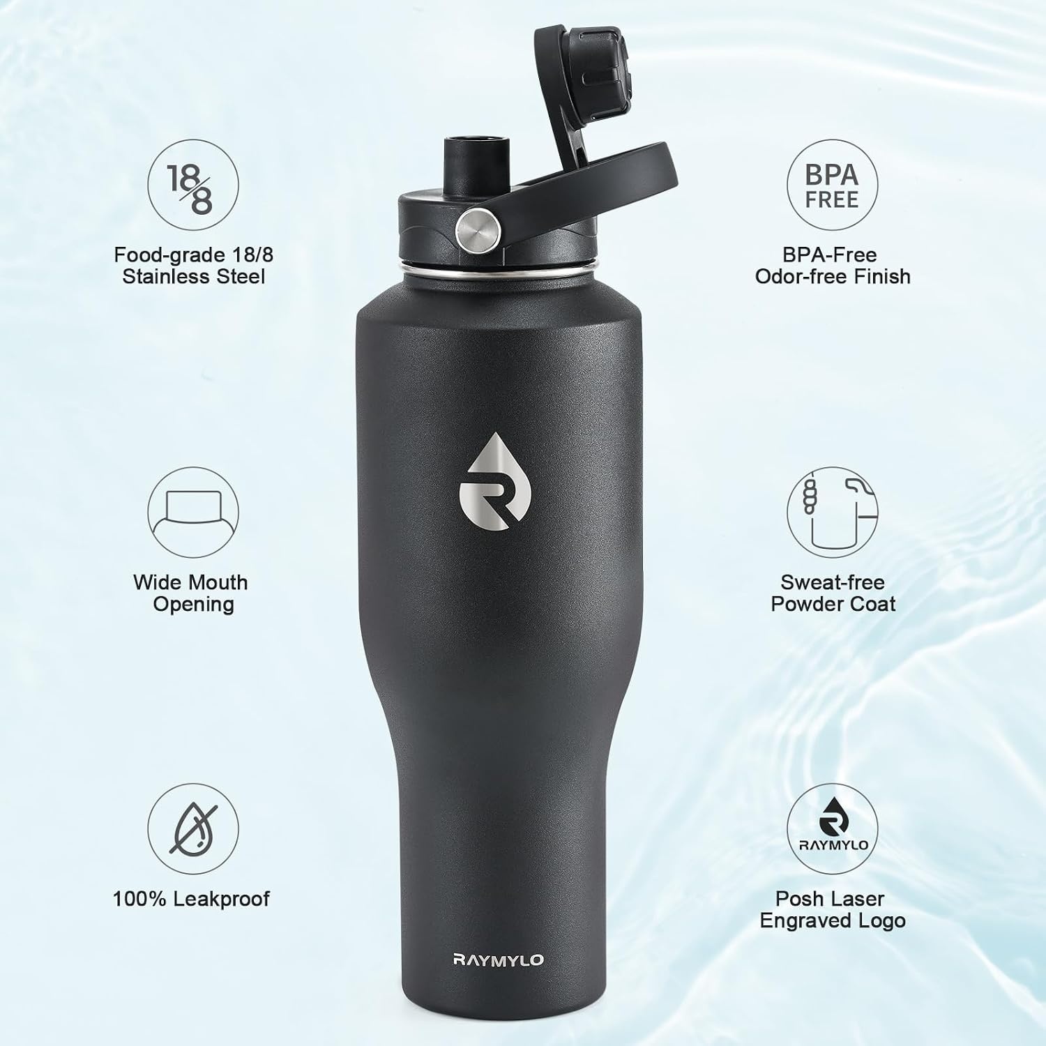 image:imageRAYMYLO 40oz Water Bottle Insulated Black 40oz Insulated Water Bottle for Car Black