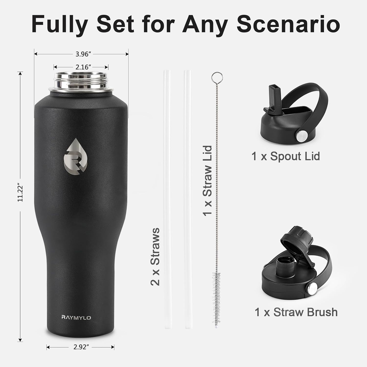 image:imageRAYMYLO 40oz Water Bottle Insulated Black 40oz Insulated Water Bottle for Car Black