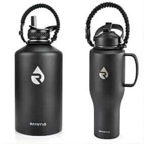 RAYMYLO Insulated Water Bottle 128oz (Magic Black) + Insulated Water Bottle with Handle for Car 40oz (Magic Black)