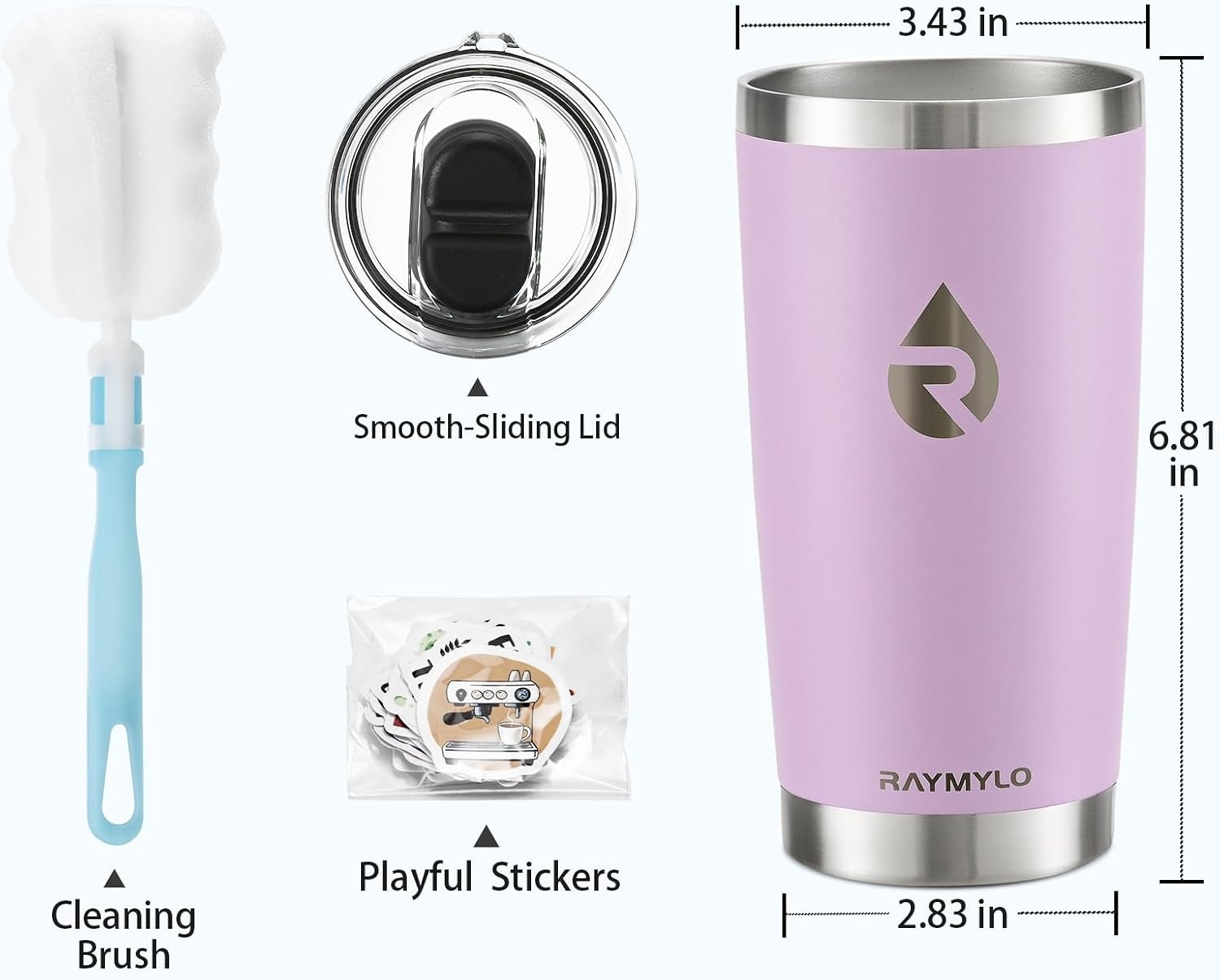 image:imageRAYMYLO Insulated Travel Coffee Tumbler 20oz Detachable amp SpillProof Slider Lid for Thorough Clean Stainless Steel Reusable Coffee Mug with Lid Fits Most Car Cup Holder amp BPA Free Pack of 2Light Purple